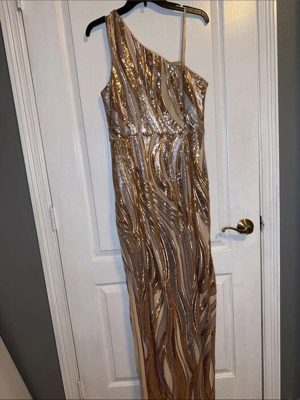 Adrianna Papell Gold Sequin One-Shoulder Gown - Picture 3 of 4